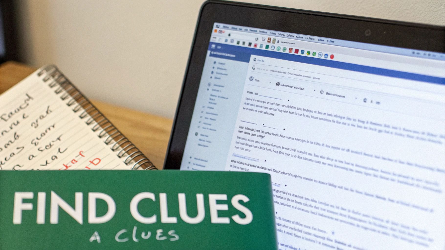 A close-up of a desk with a laptop showing text, a spiral notebook, and a green book titled "FIND CLUES".