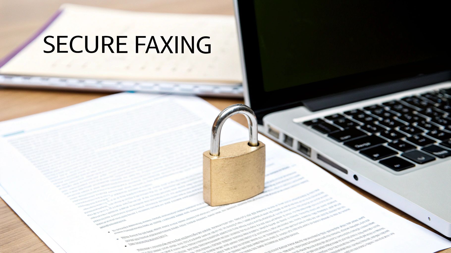 An image of a secure padlock icon overlaid on an email and a fax machine, symbolizing secure email faxing.