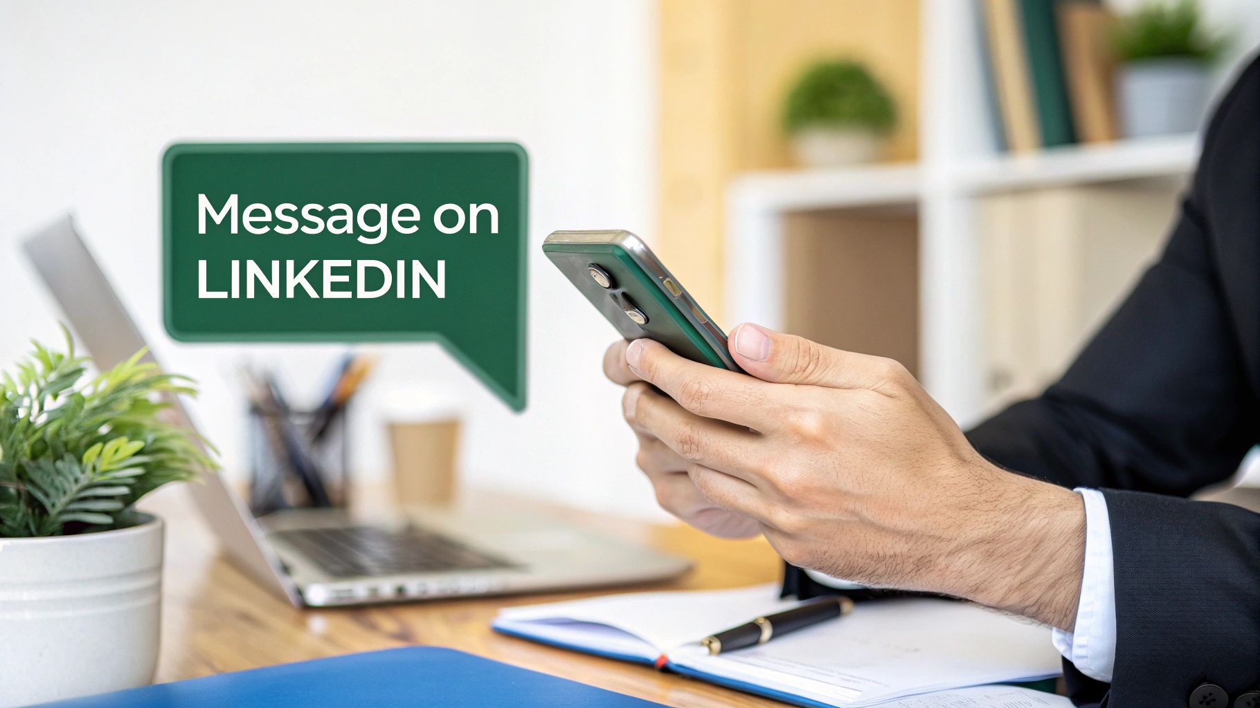 A professional woman looks at a large screen displaying her LinkedIn network connections and messages.