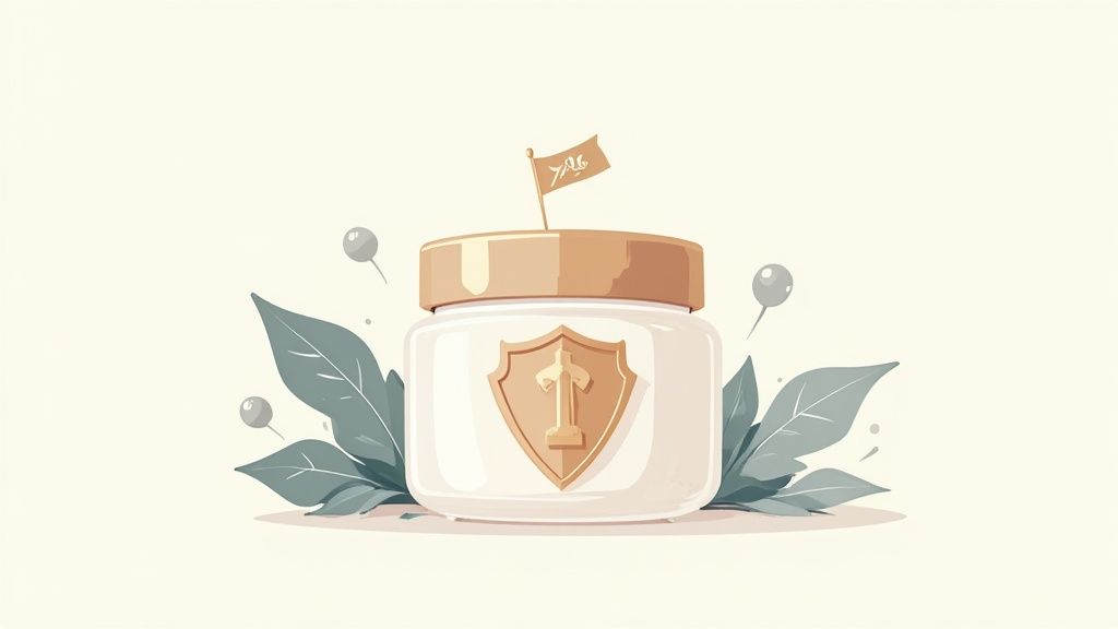 Glass jar with shield emblem and flag representing natural preservatives for cosmetic products