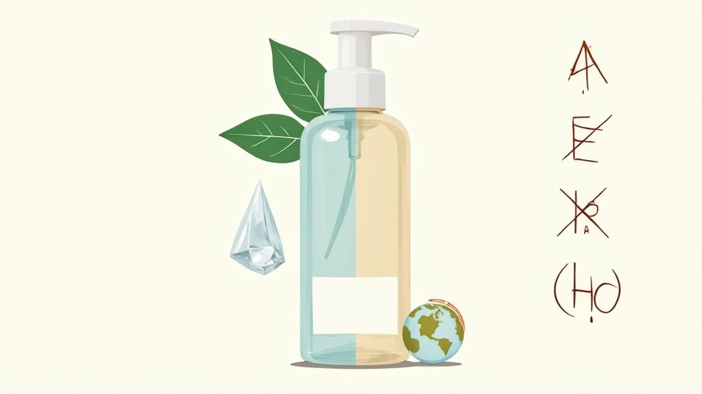 Sustainable pump bottle with natural leaves, water drop, and earth globe, next to cryptic symbols.