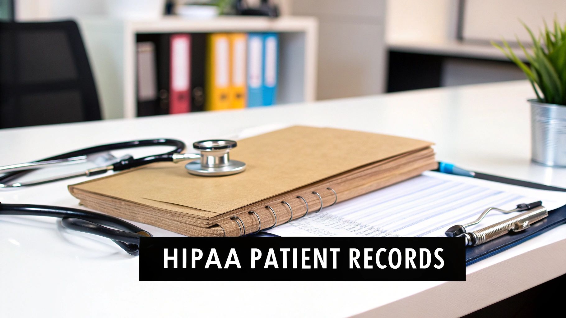 Stethoscope on patient records and clipboard on a white desk in a medical office setting.