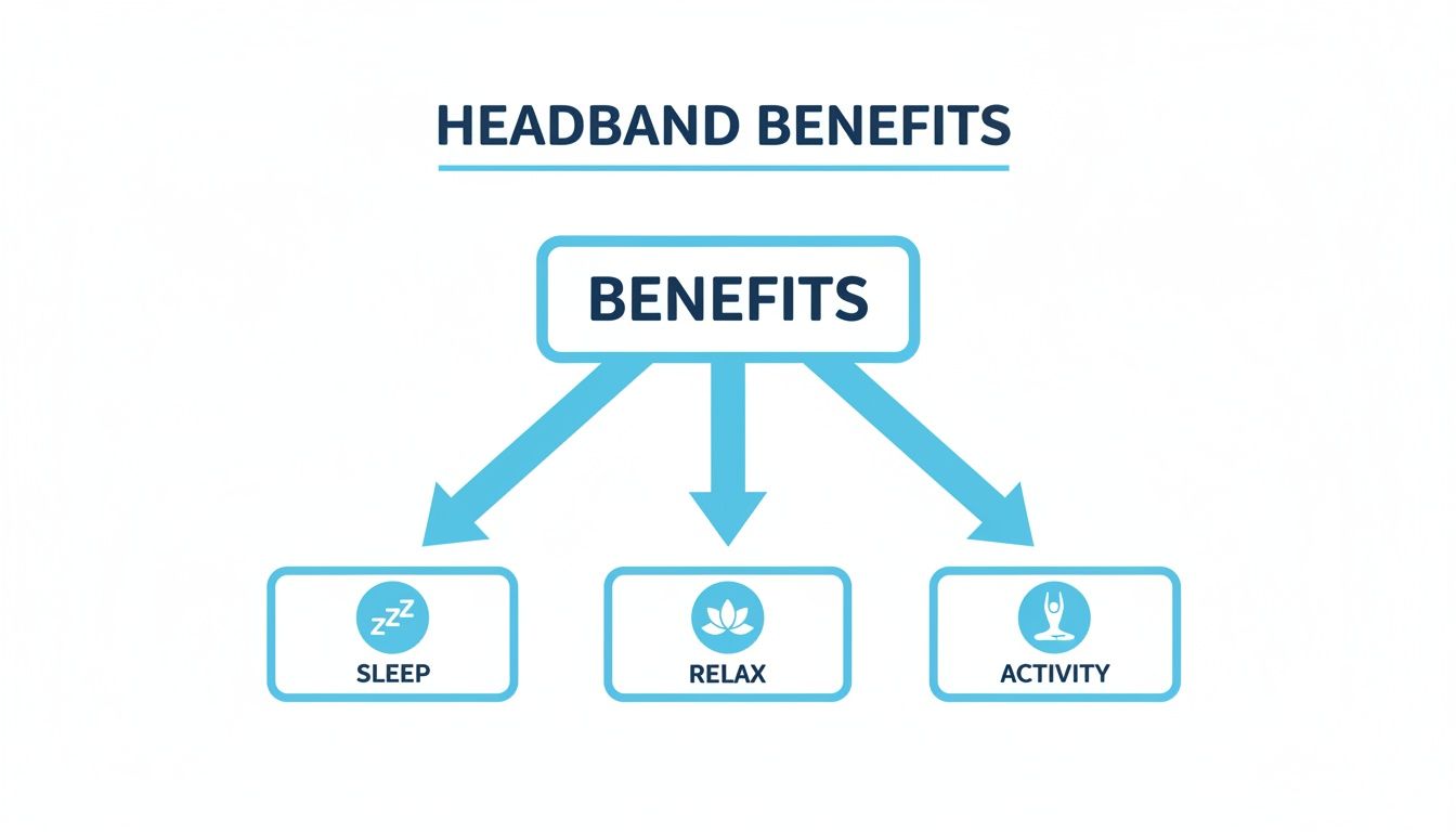 Flowchart illustrating headband benefits for sleep, relaxation, and activity with icons.