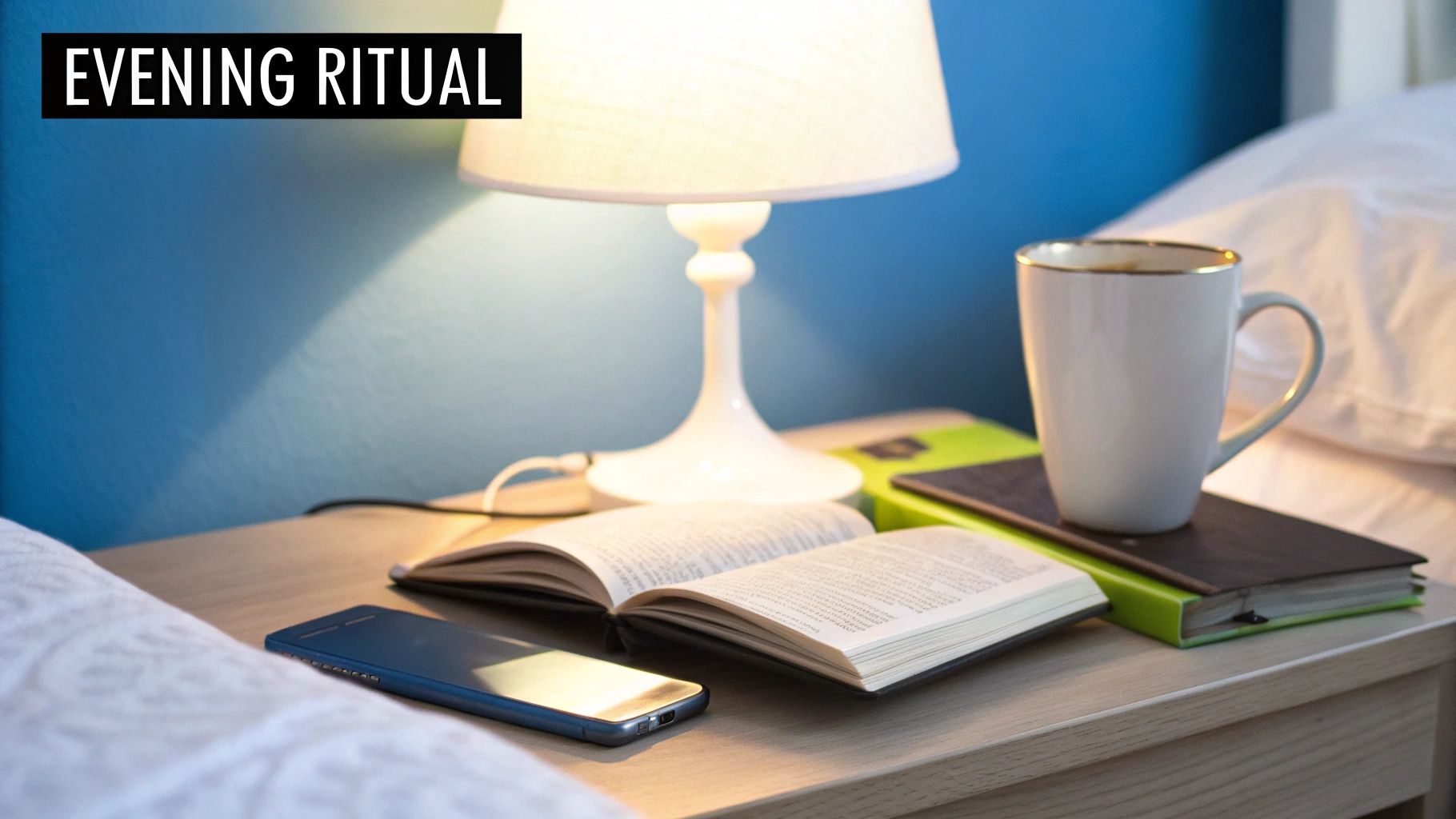 A person reading a book in bed with a cup of tea on the nightstand.