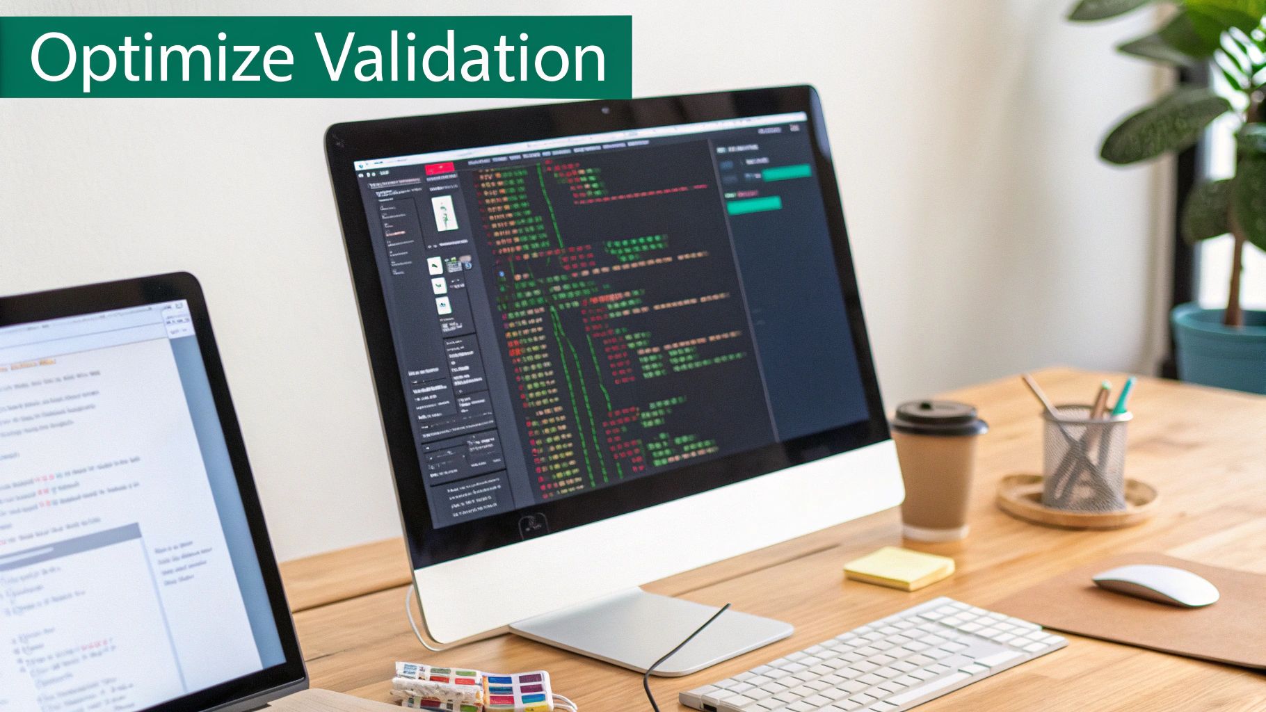 A modern desk setup with two computer screens displaying code, a coffee cup, keyboard, and mouse.