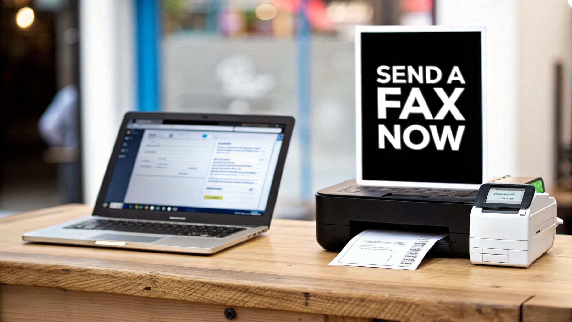A laptop, printer, and a digital sign displaying 'SEND A FAX NOW' on a wooden desk.