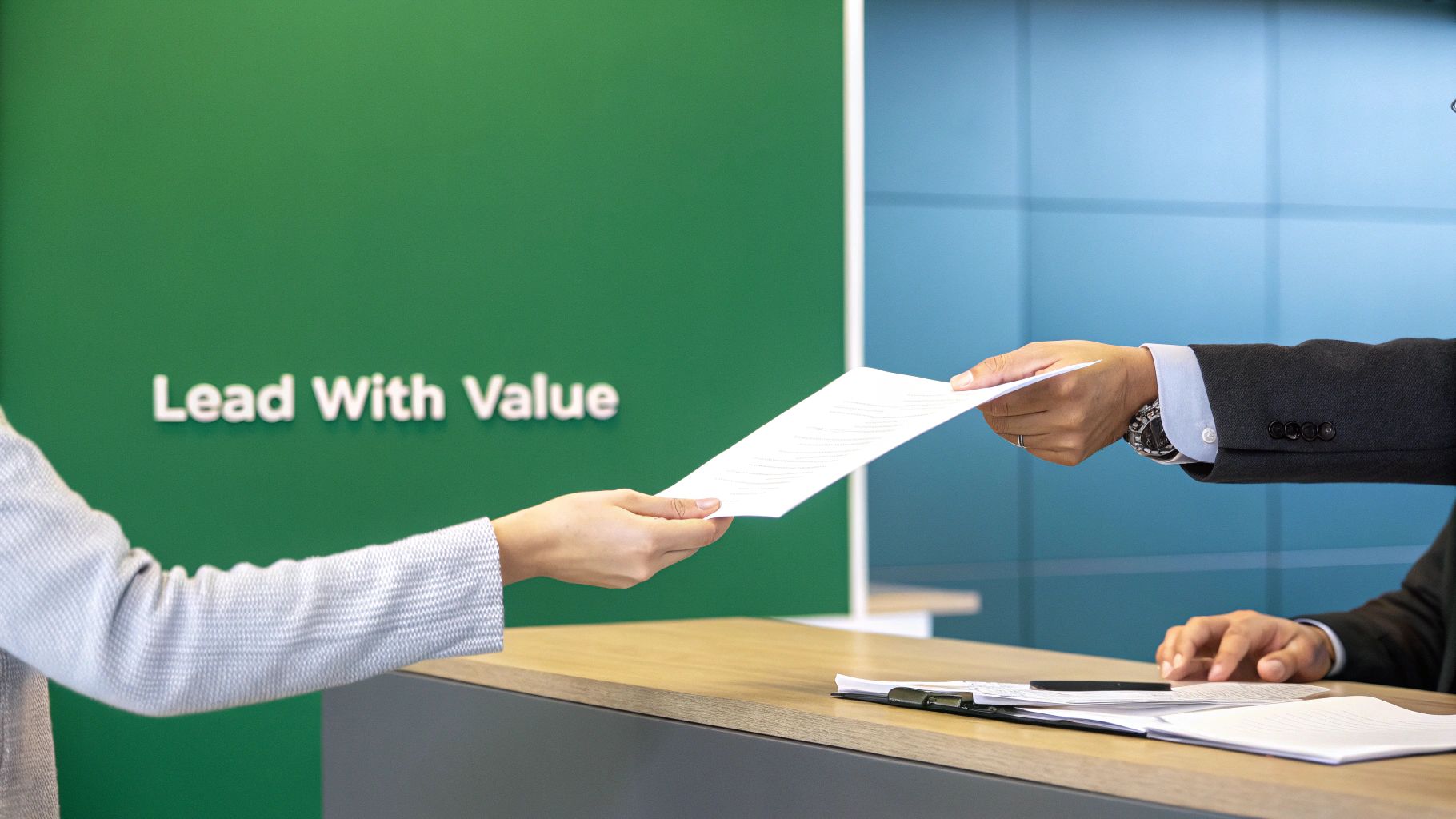 Two people's hands exchanging white documents over a counter with 'Lead With Value' on a green wall.
