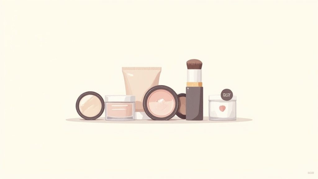 An assortment of minimalist illustrated makeup products including compacts, a cream tube, brush, and jars.