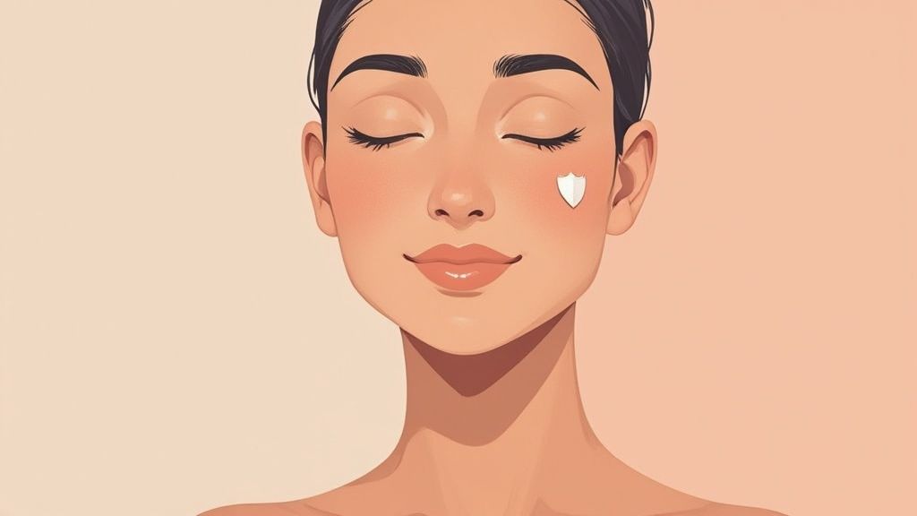 Woman with clear skin smiling gently and looking at the camera.