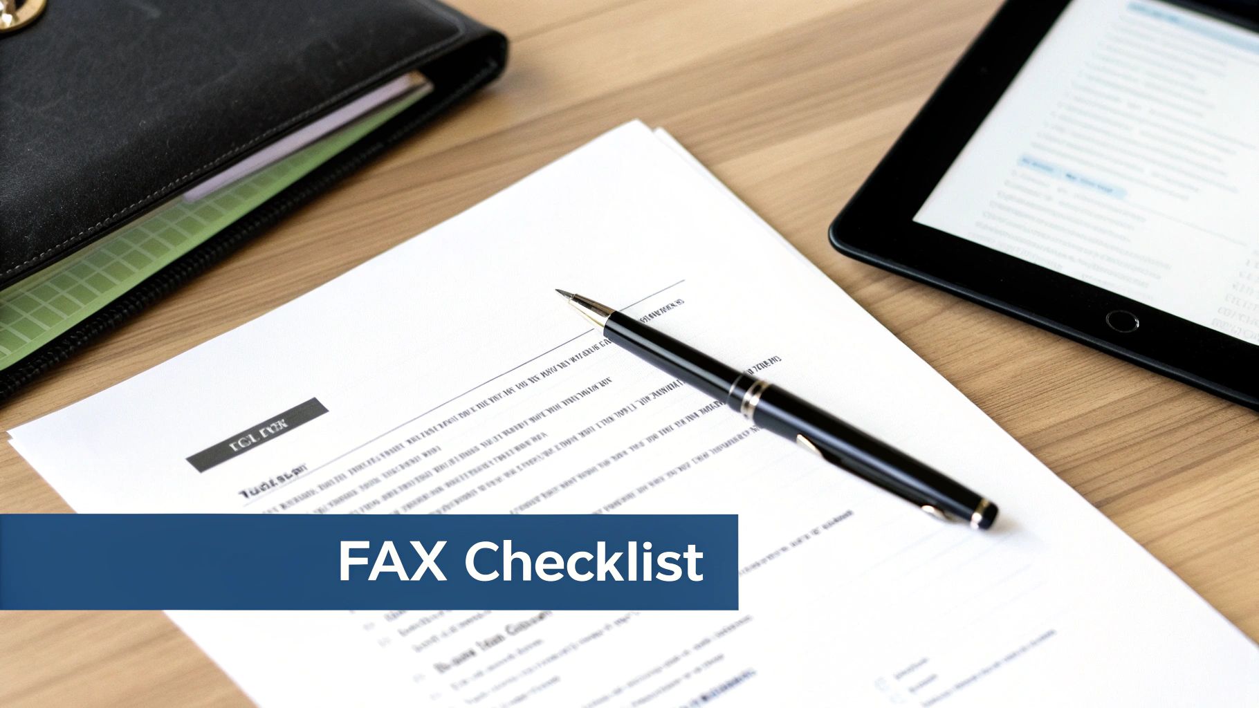 A black binder, a document with a pen, and a tablet on a wooden desk with a 'FAX Checklist' banner.