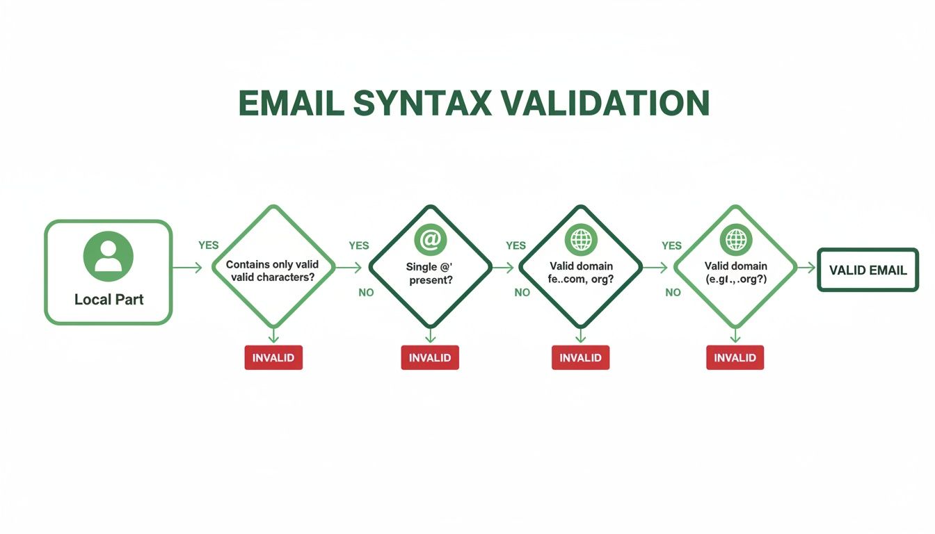 A flowchart showing the process of email syntax validation, checking for valid characters, '@' symbol, and domain.