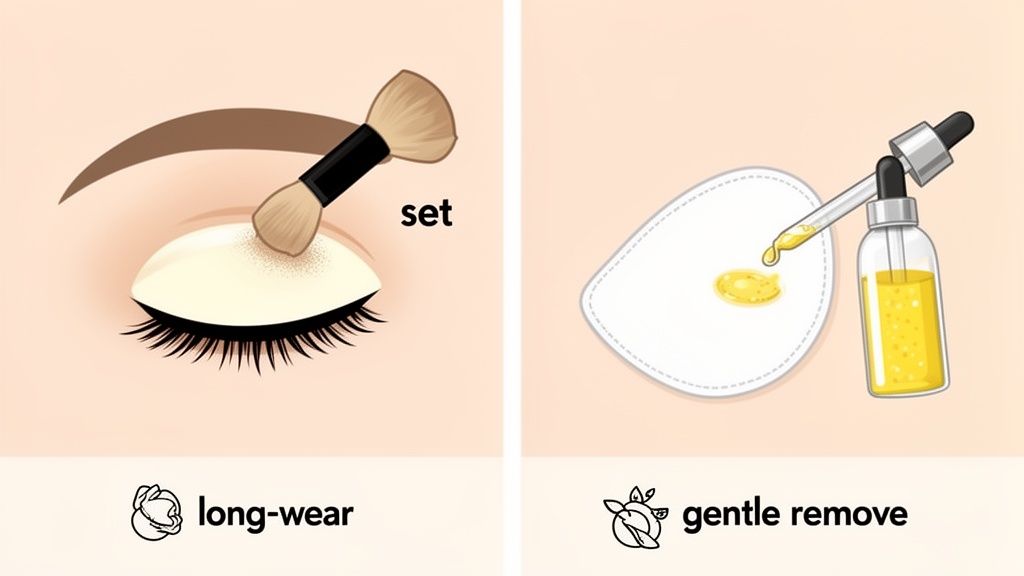 Illustration showing setting long-wear eye makeup with a brush and gently removing it with liquid on a cotton pad.
