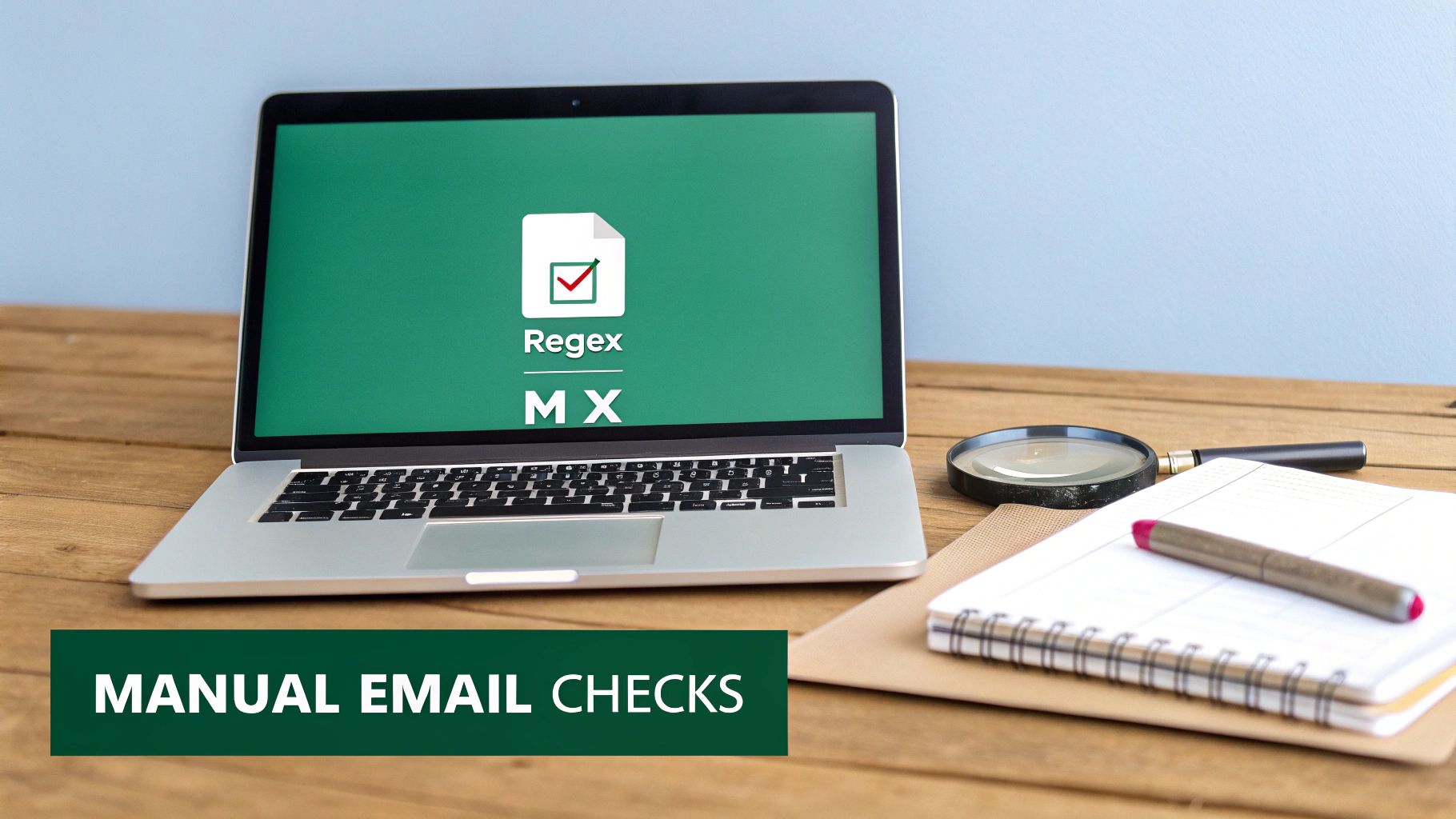 A laptop shows 'Regex MX' and a checkmark for email validation; with 'MANUAL EMAIL CHECKS' text and desk items.