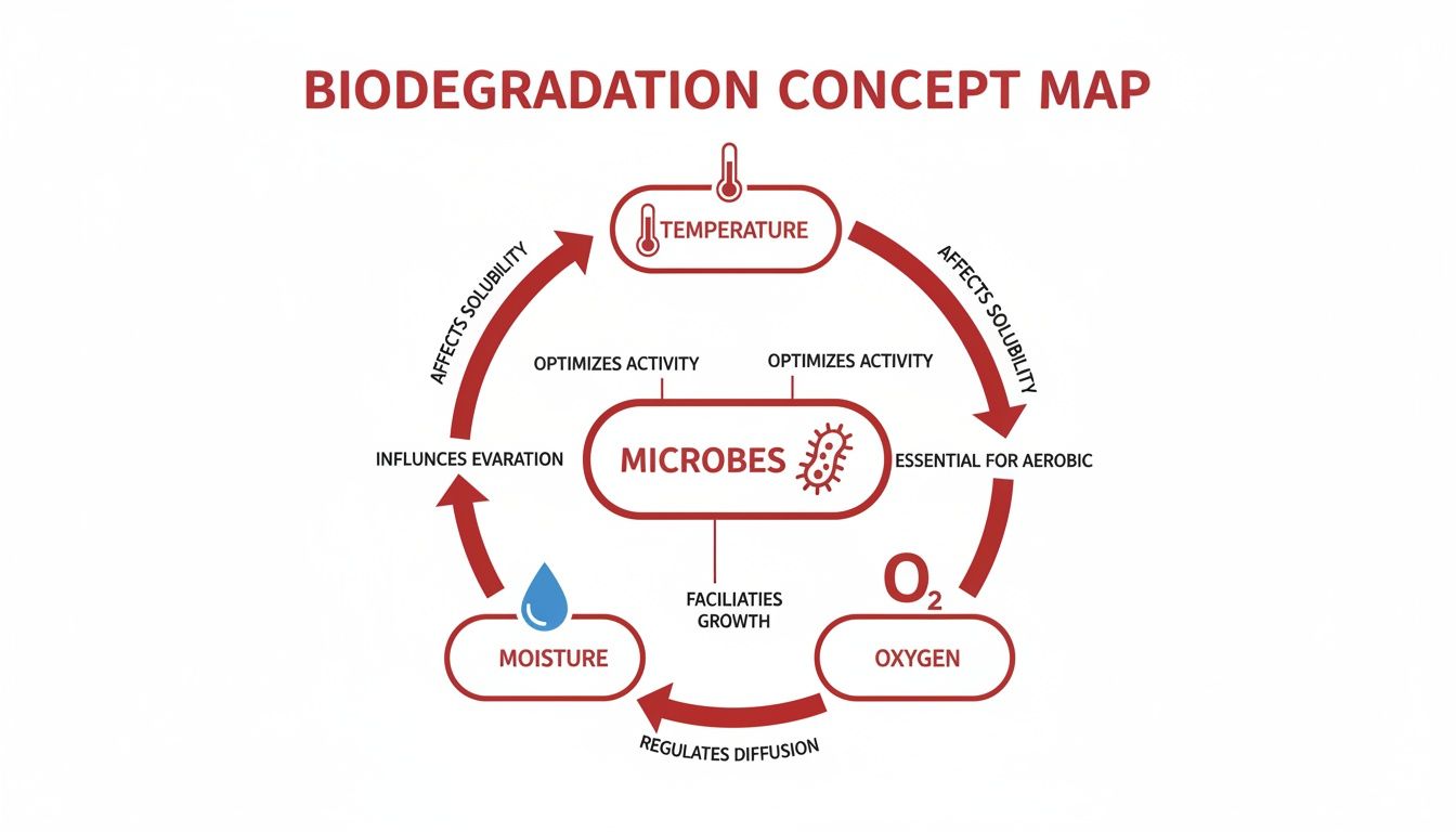 Concept map illustrating how microbes, temperature, oxygen, and moisture influence biodegradation.