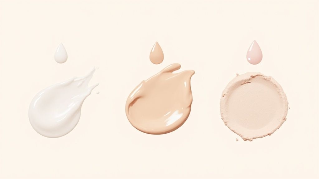 Three different shades of lightweight foundation swatches with color drops displayed above each sample