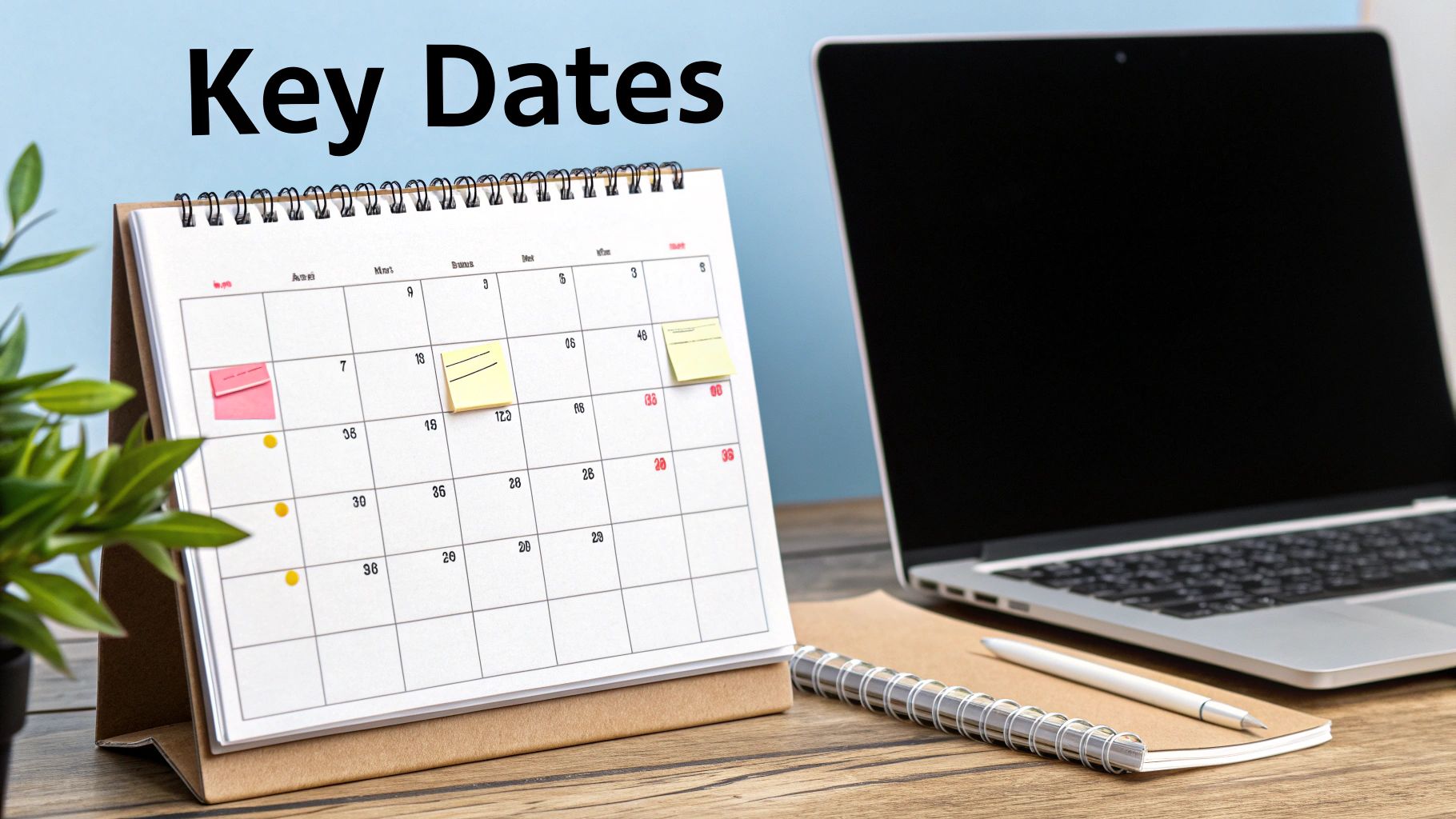 A desk calendar with sticky notes highlighting key dates, alongside a laptop and a notebook on a wooden desk.