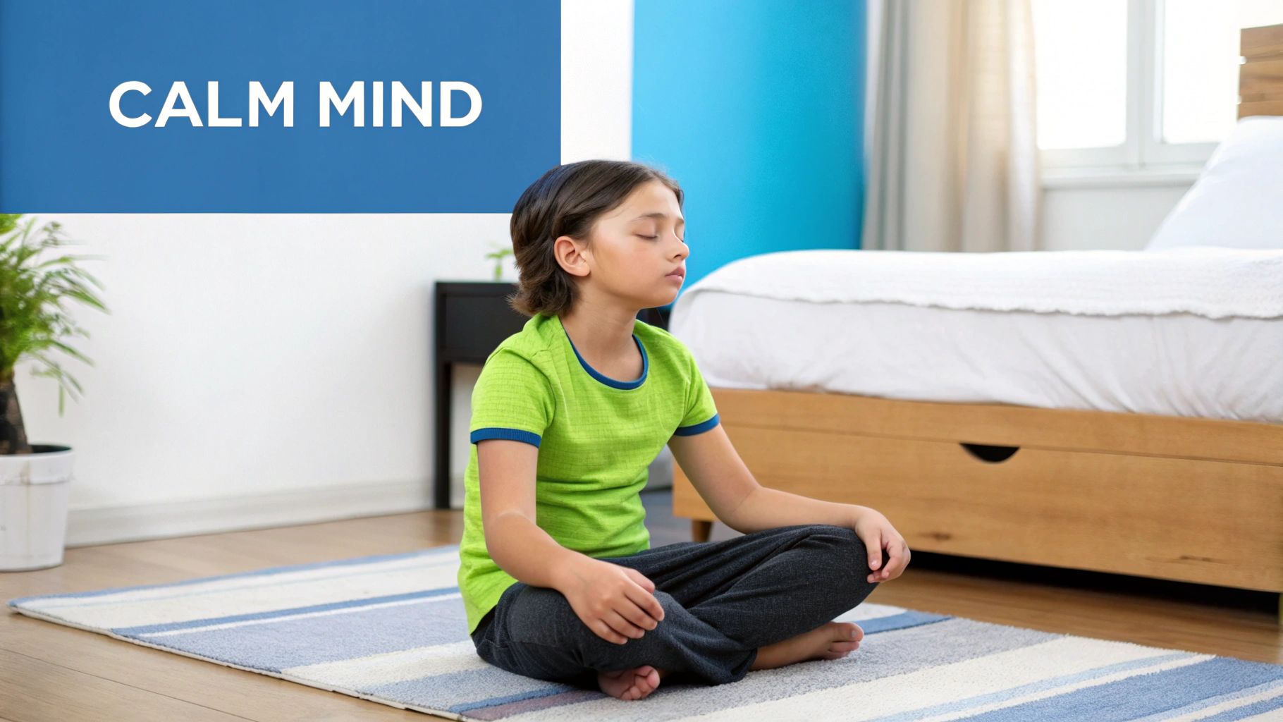A young child is sitting in bed, looking calm and thoughtful in a peaceful bedroom.