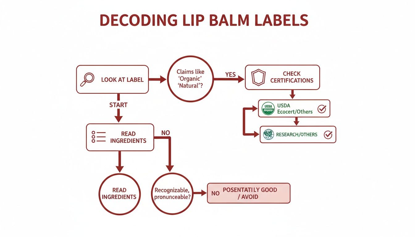 A flowchart guides decoding lip balm labels, checking for organic claims, certifications like USDA, and ingredient readability.