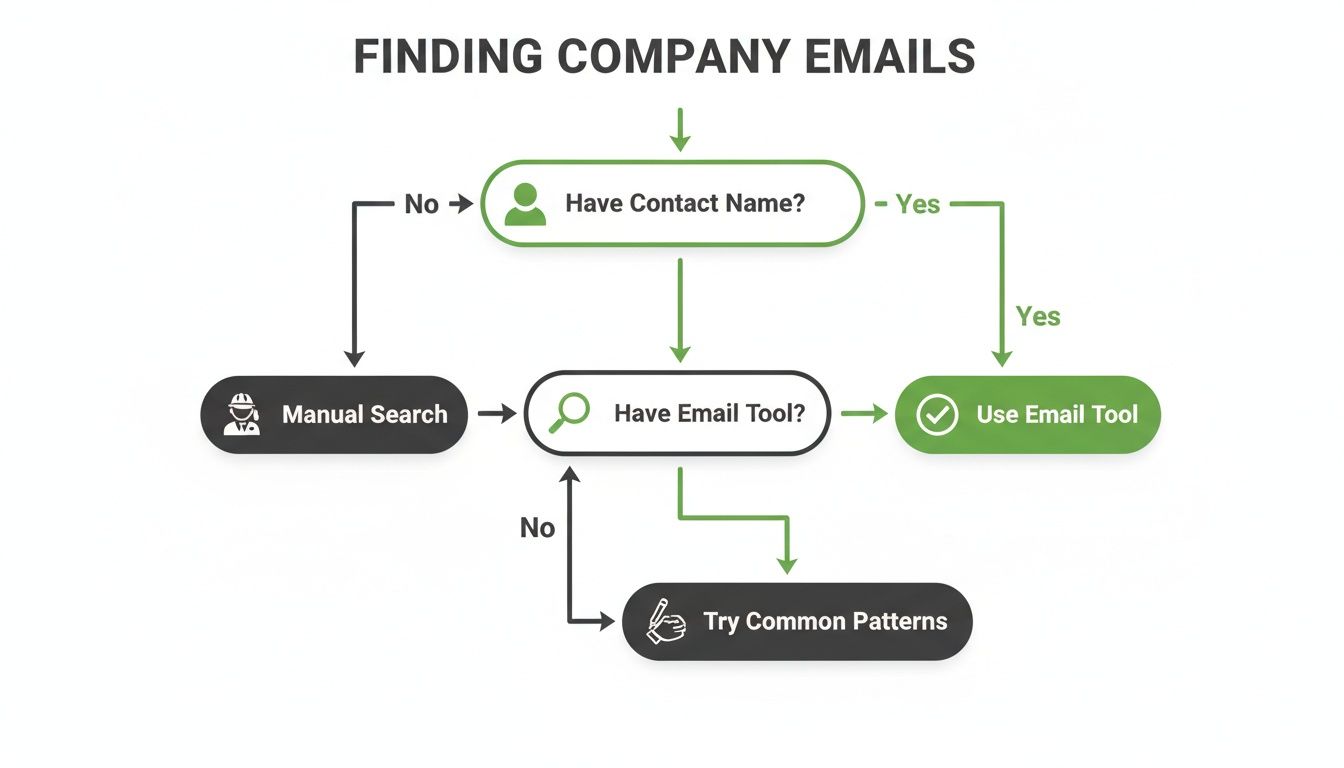 Flowchart illustrating the process of finding company emails, starting with having a contact name, then using email tools or manual search.