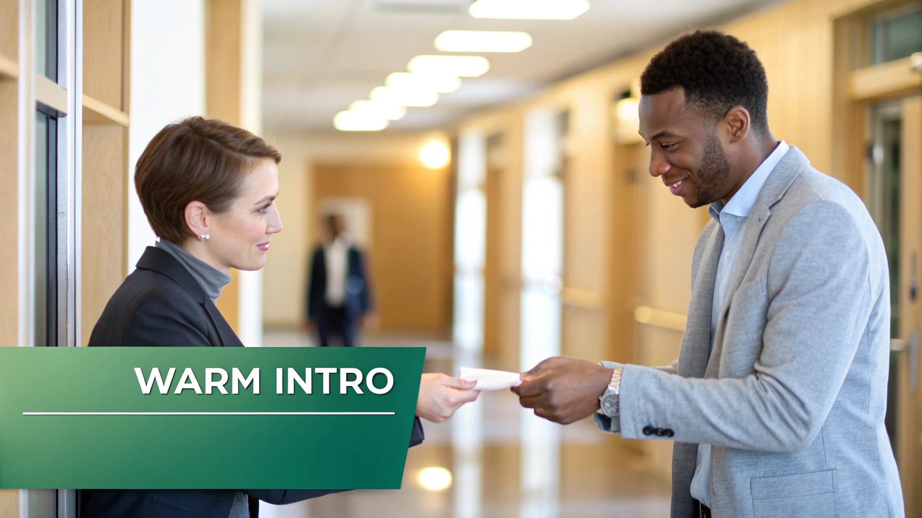 A smiling woman hands a document to a smiling man in a bright office hallway, suggesting a warm introduction.