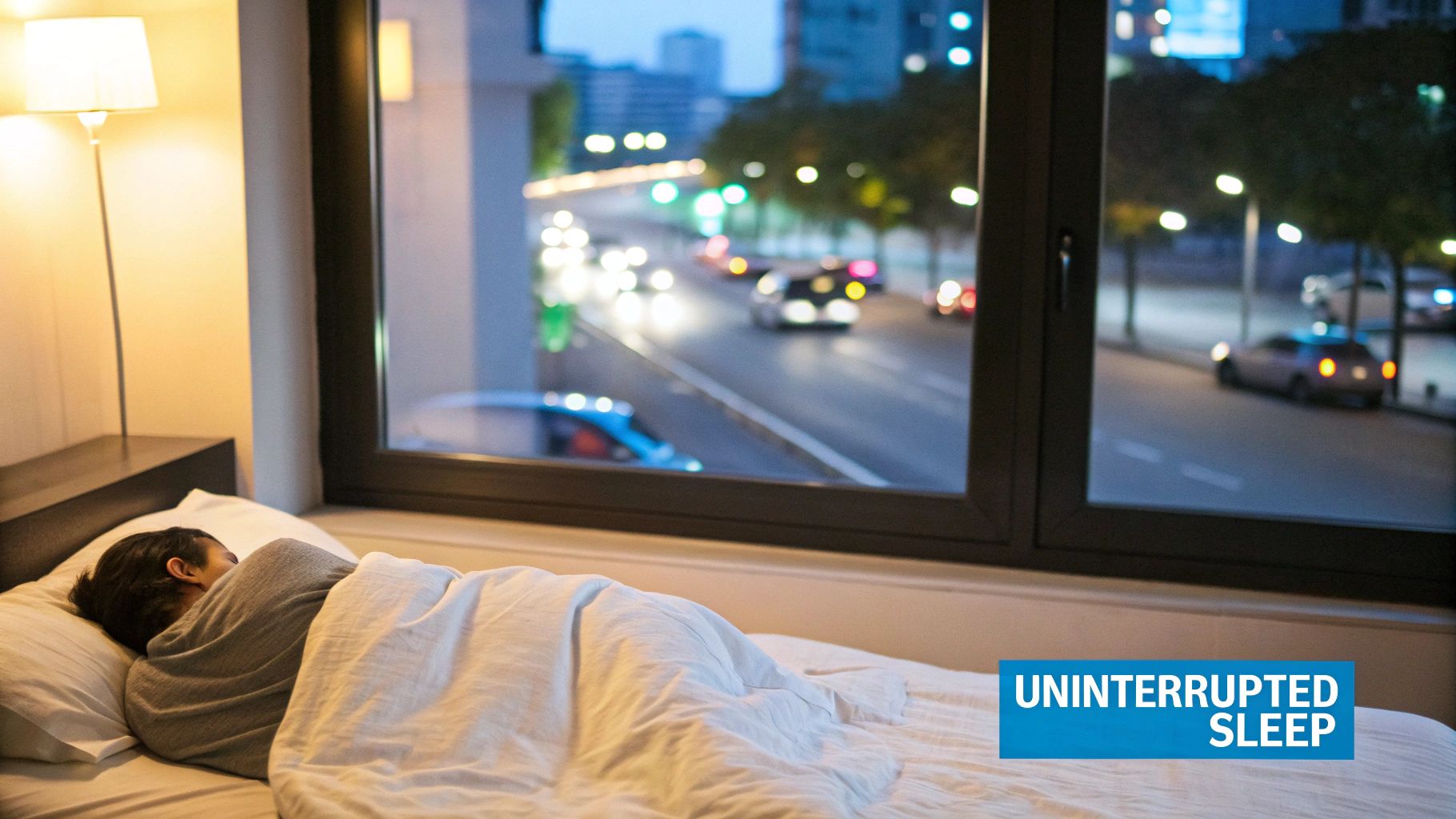 A peaceful sleeper in a cozy bed, undisturbed by the bustling city lights outside their window.