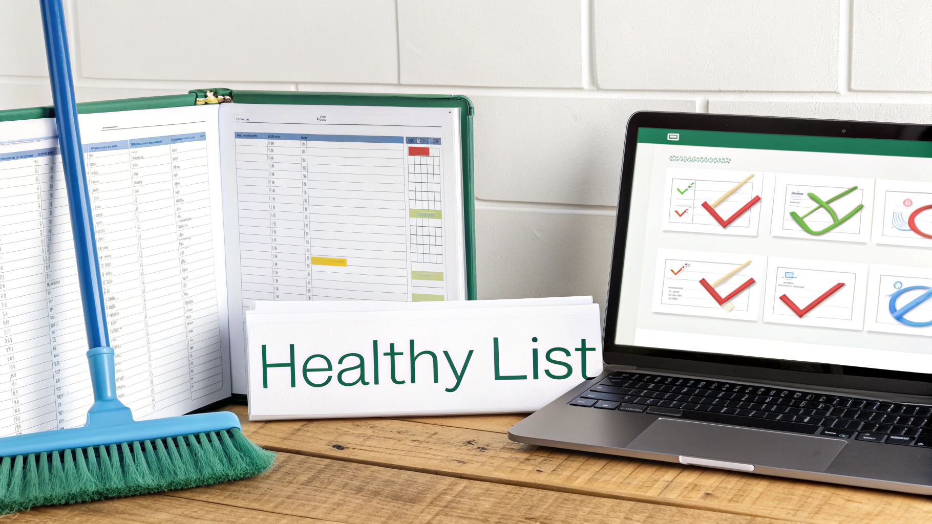 A blue broom, an open binder, a "Healthy List" sign, and a laptop with checkmark graphics on a wooden desk.