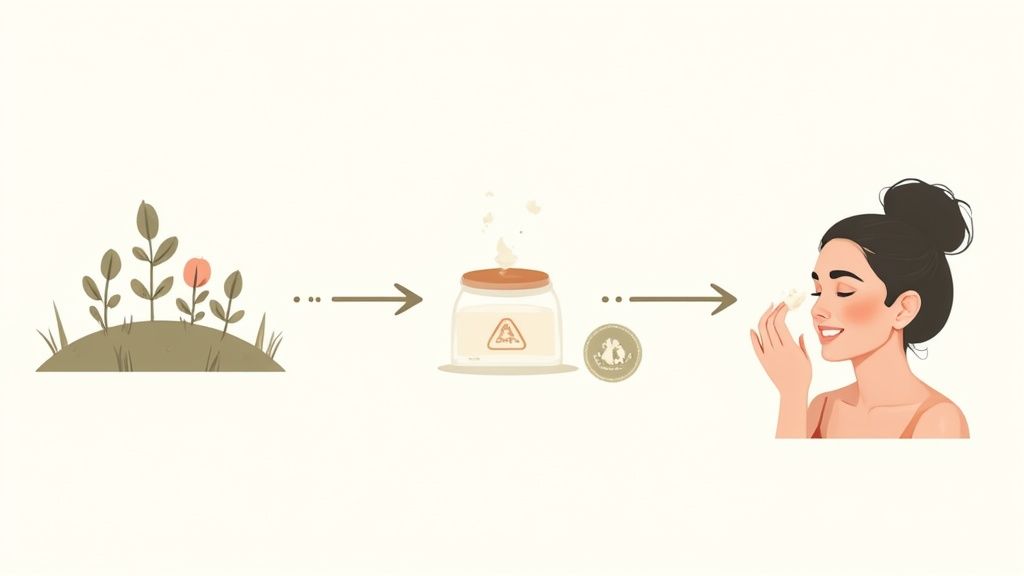 Natural skincare journey from plant ingredients to cream jar to woman applying eco friendly beauty product