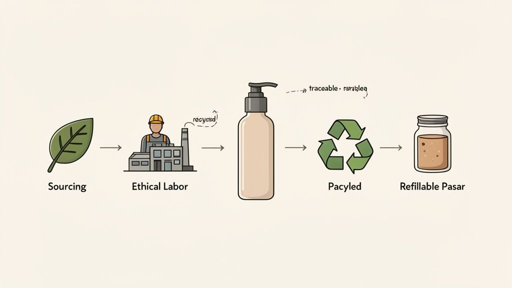 Illustrative flowchart detailing an ethical and sustainable product journey from sourcing to refill.