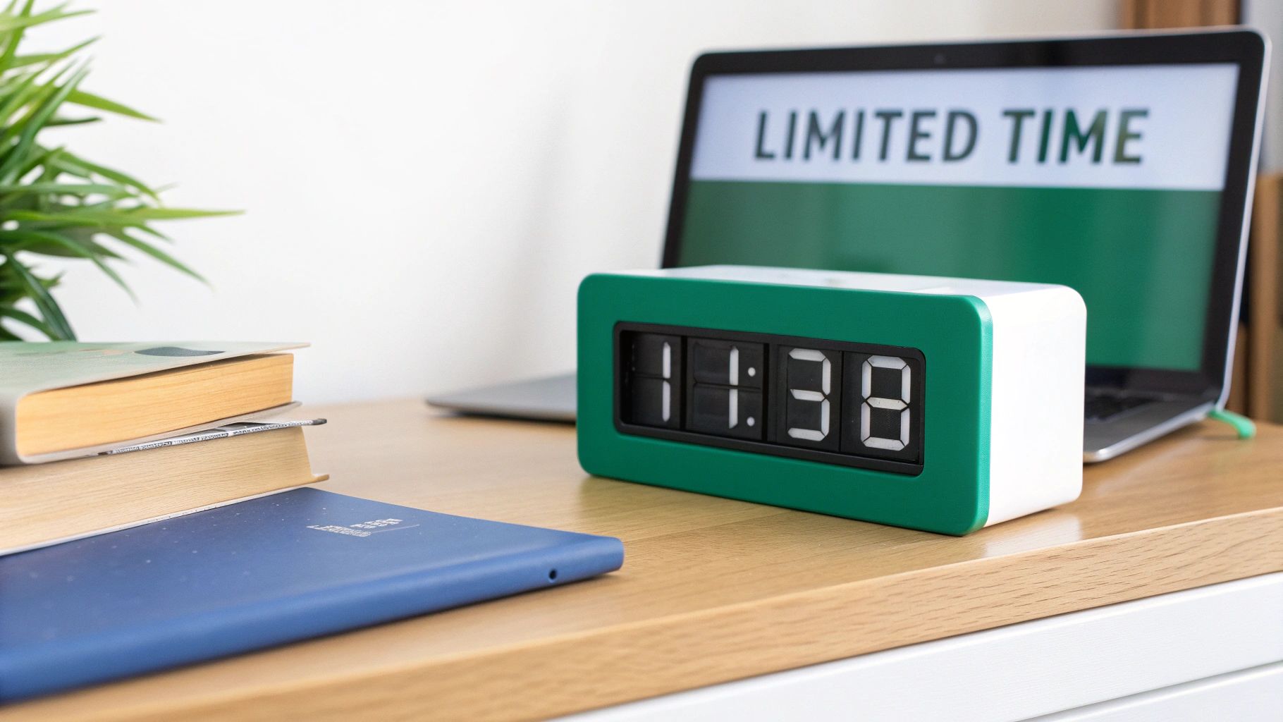 Digital clock showing 11:38, laptop displaying 'LIMITED TIME', books, and plant on a wooden desk.