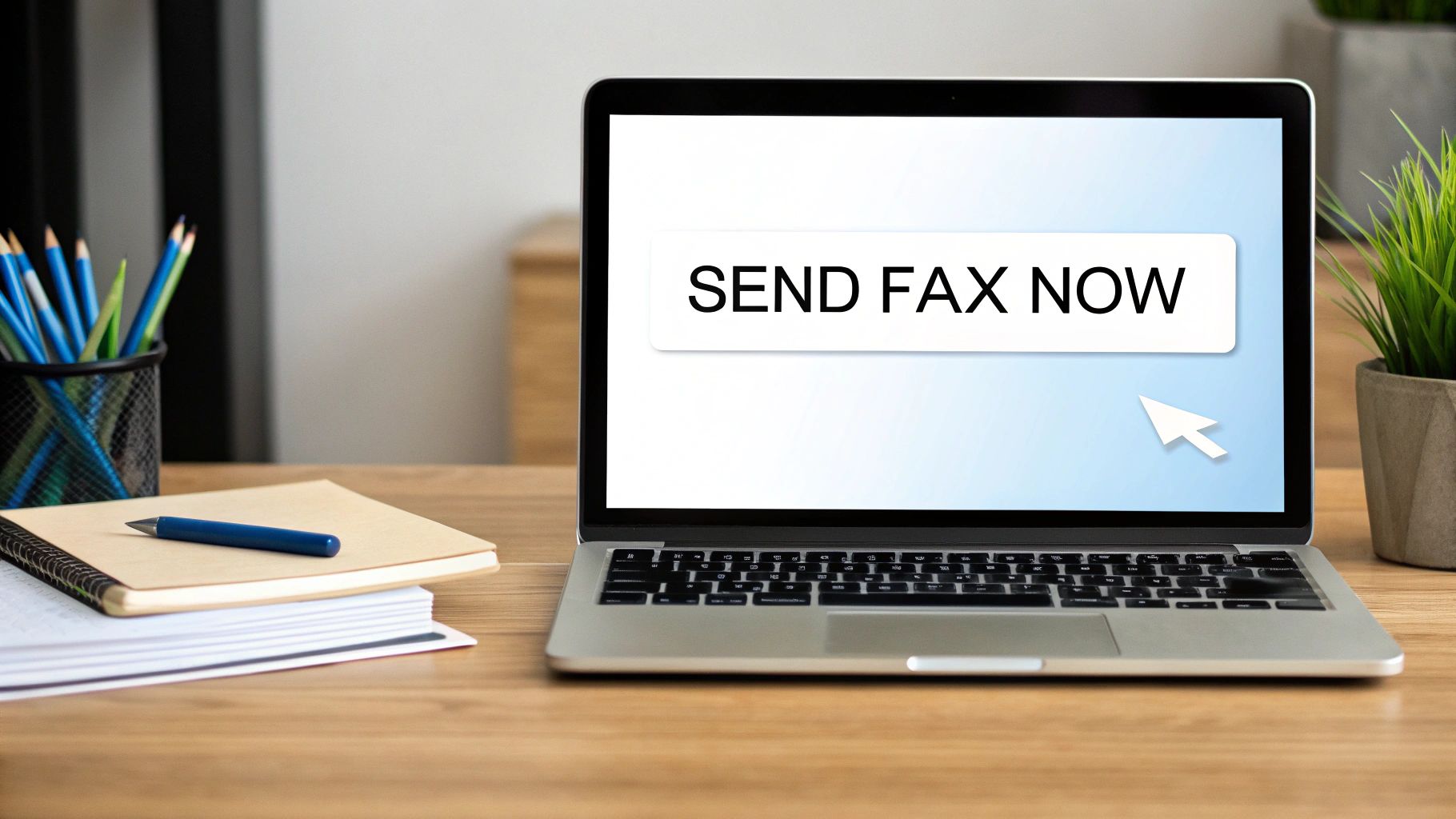 A laptop on a desk displays 'SEND FAX NOW' on its screen, featuring an online fax service.