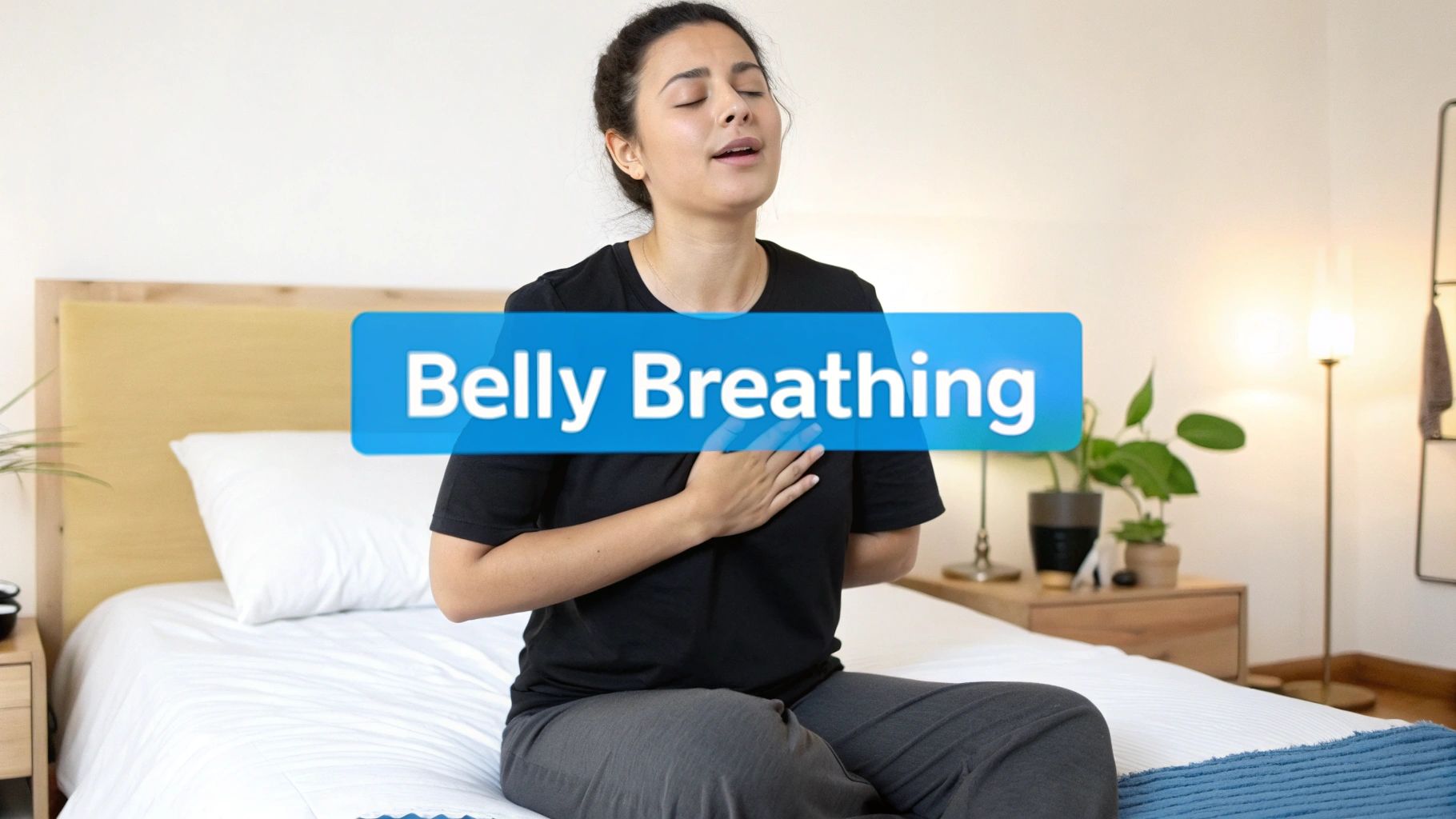 A woman sits on a bed with closed eyes, hand on chest, practicing belly breathing.