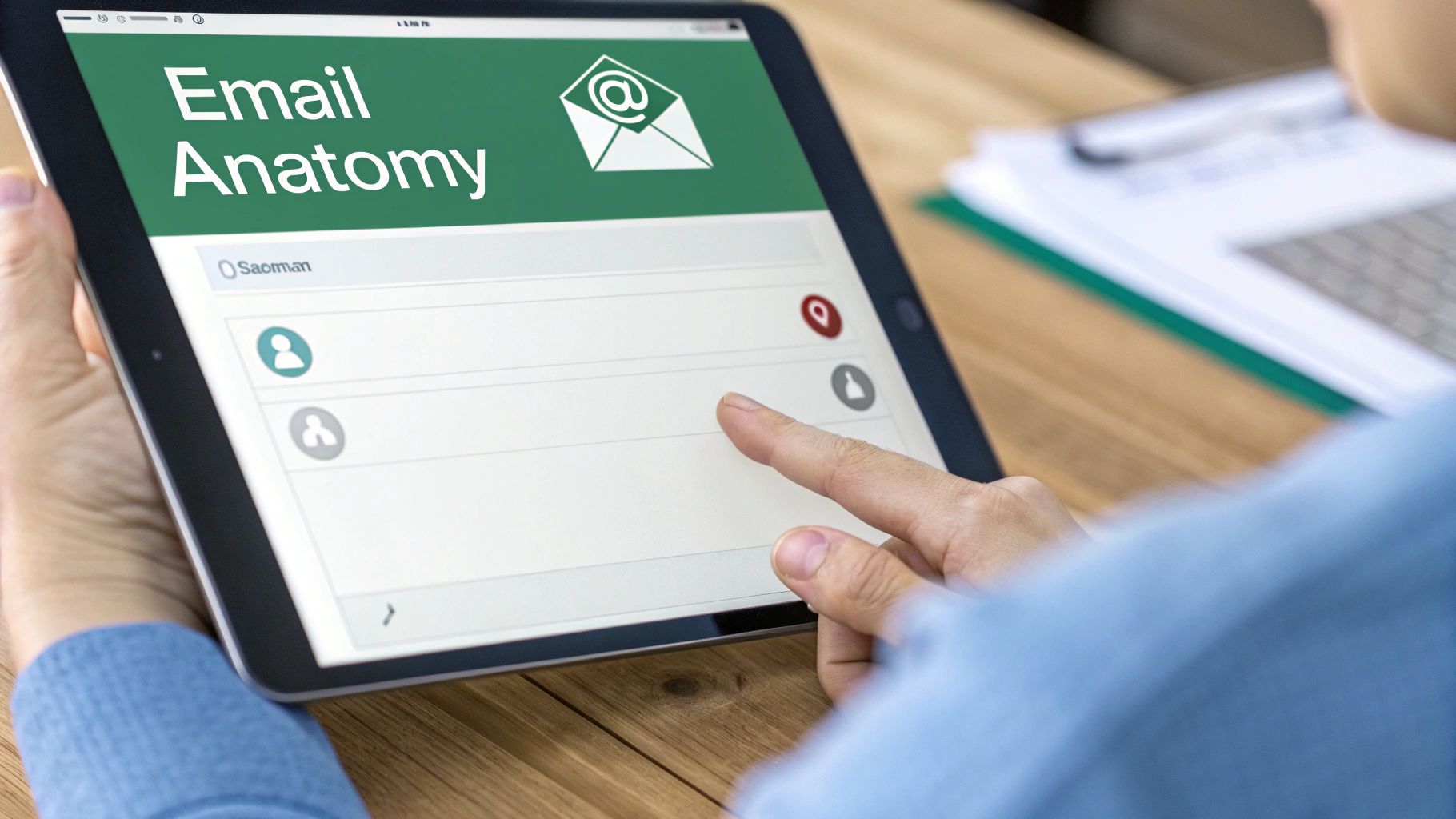 A person's hands hold a tablet displaying a screen titled 'Email Anatomy' with an email icon and input fields.