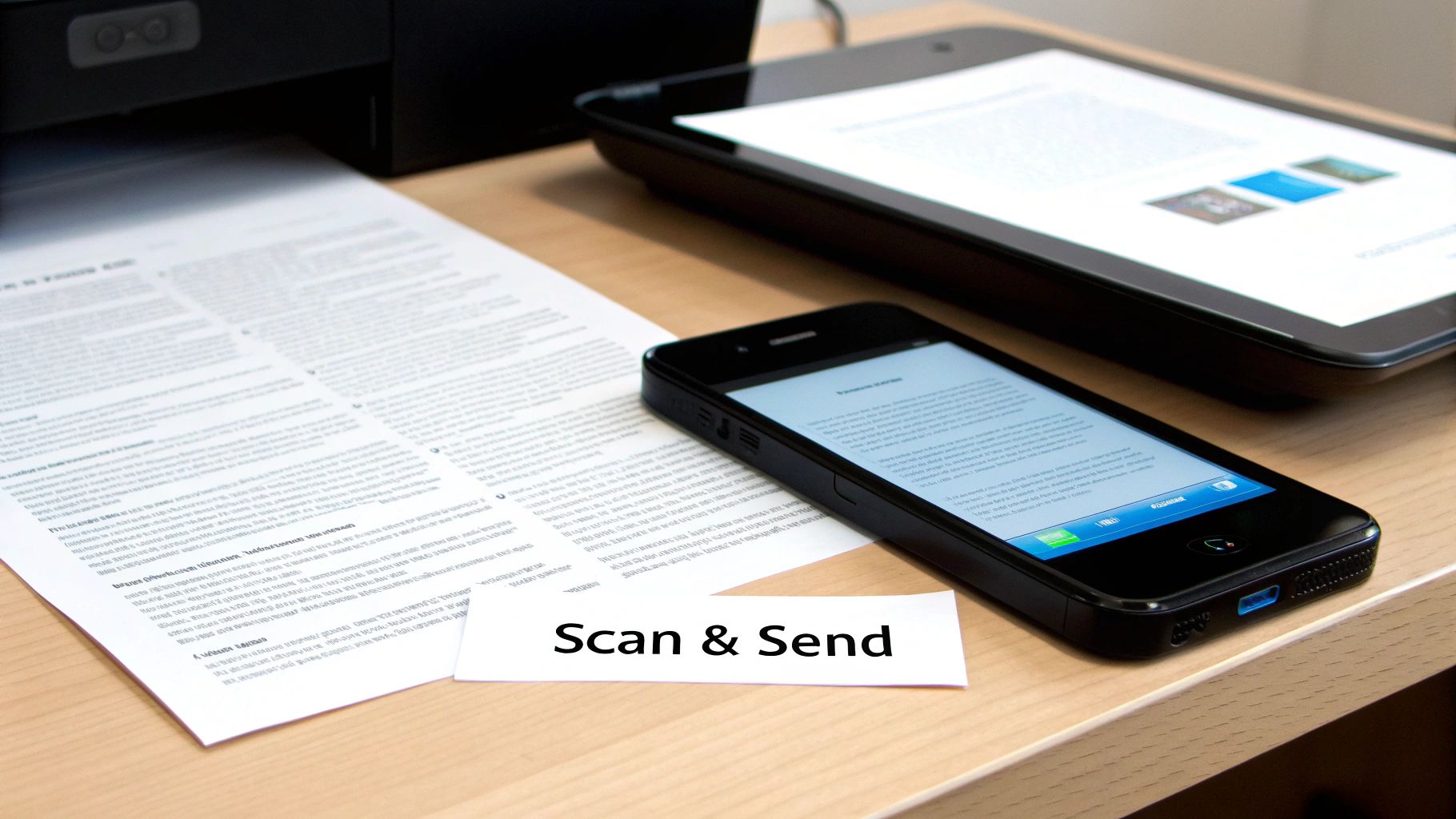 A document being scanned and sent with a smartphone and tablet, featuring a 'Scan & Send' label.
