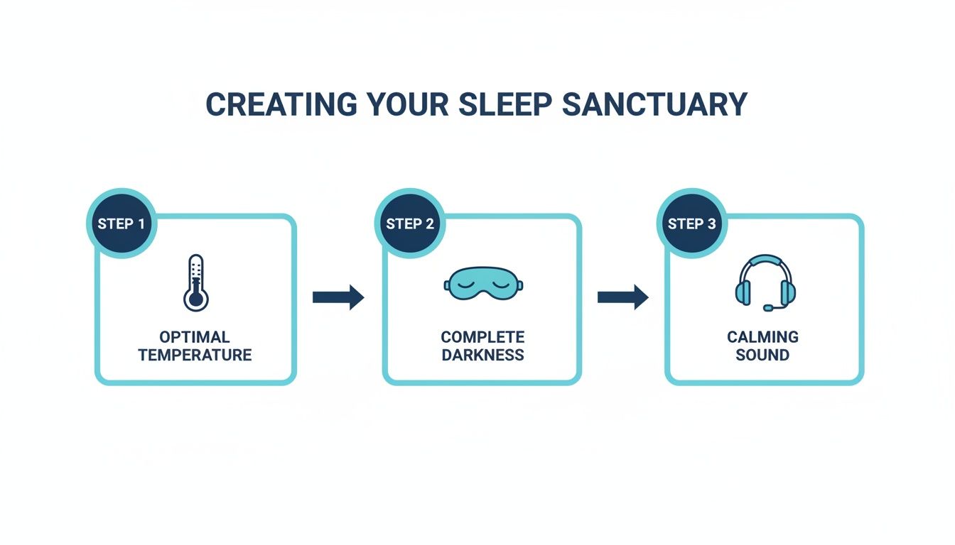 An infographic showing three steps to create a sleep sanctuary: optimal temperature, complete darkness, and calming sound.