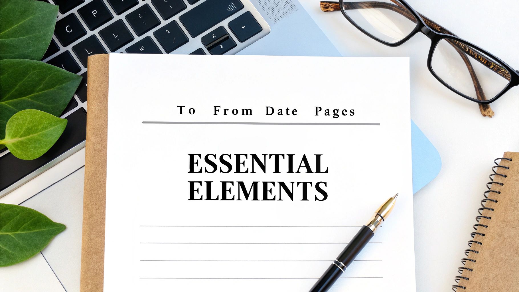 A minimalist workspace featuring a cover sheet titled 'Essential Elements', a pen, laptop, and reading glasses.