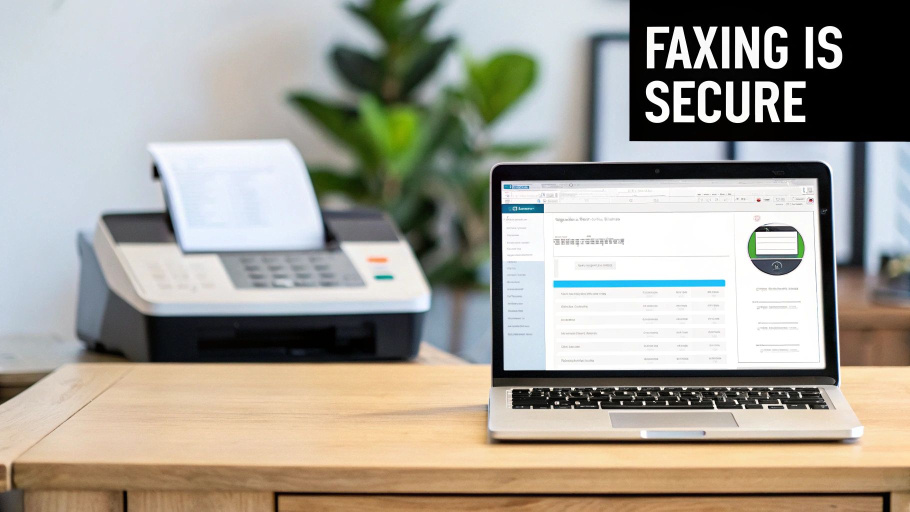 Office desk with a classic fax machine and a laptop showing a secure online interface.