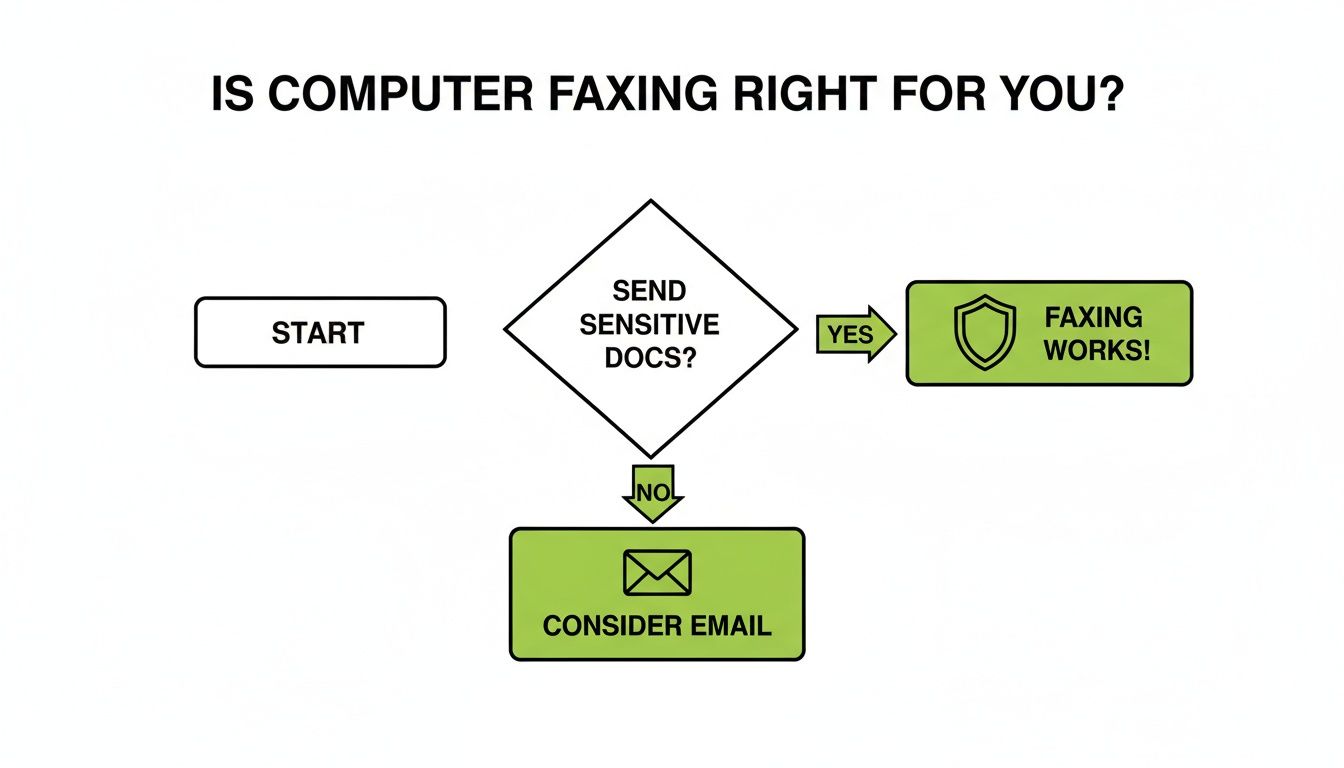 Flowchart guiding users on whether computer faxing or email is right for sending sensitive documents.