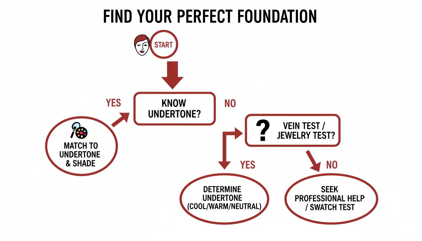 A flowchart titled "Find Your Perfect Foundation" guides users through determining undertone and matching shades.