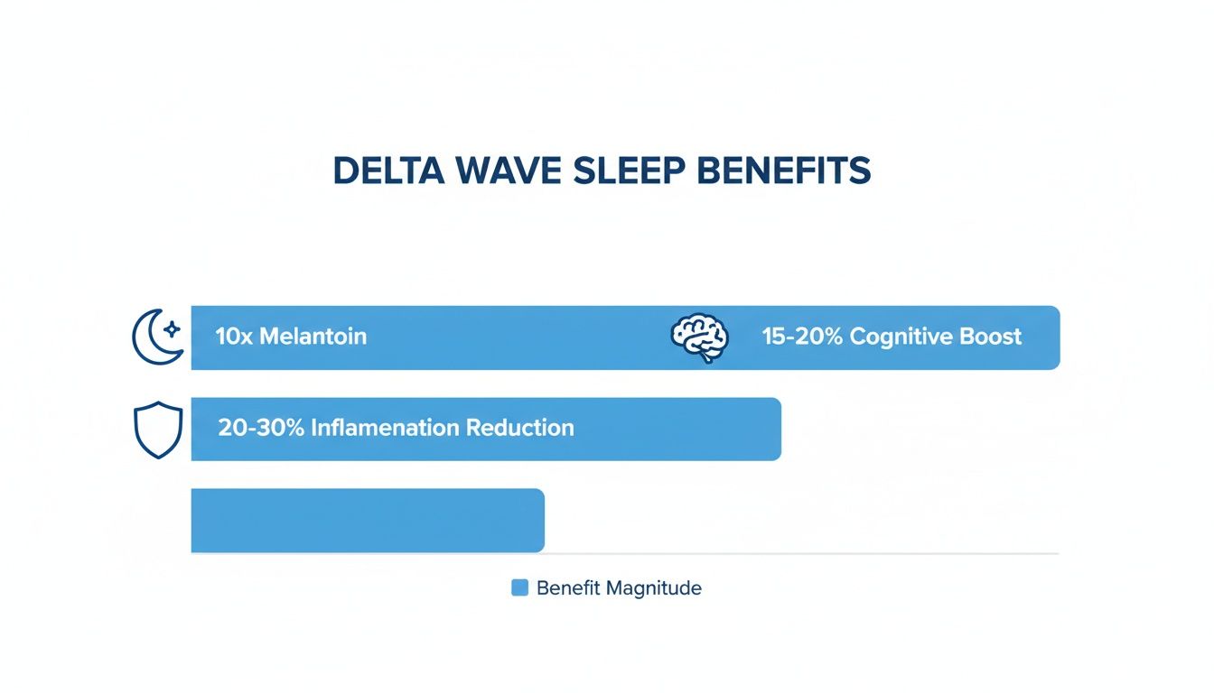 A bar chart illustrating the benefits of Delta Wave Sleep, including increased melatonin, cognitive boost, and inflammation reduction.