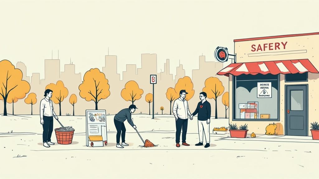 People clean a community area near a 'SAFERY' store, promoting cleanliness and cooperation.