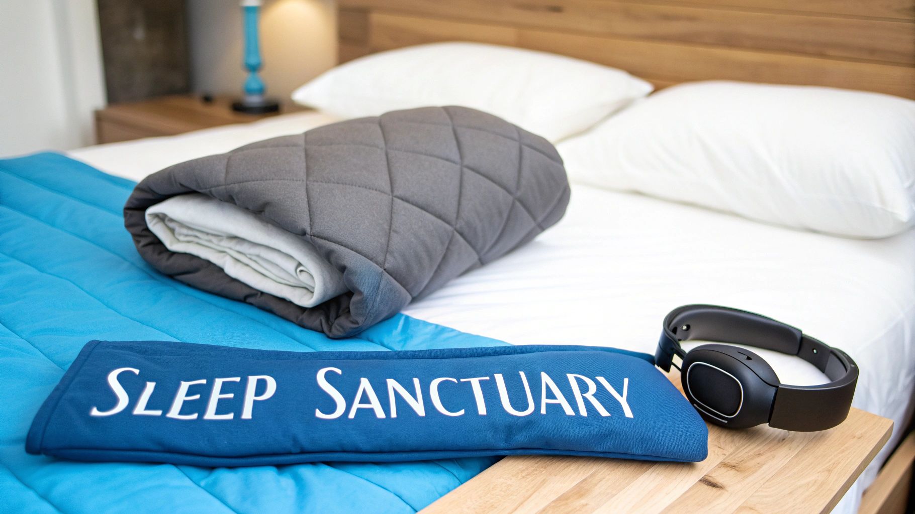 A cozy bed with a folded grey weighted blanket, a 'Sleep Sanctuary' pillow, and black headphones.