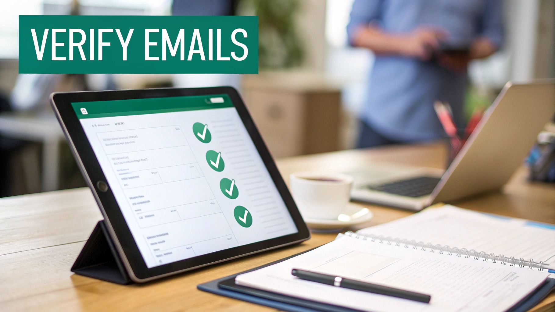 A tablet screen displays multiple green checkmarks, with a 'VERIFY EMAILS' banner above.