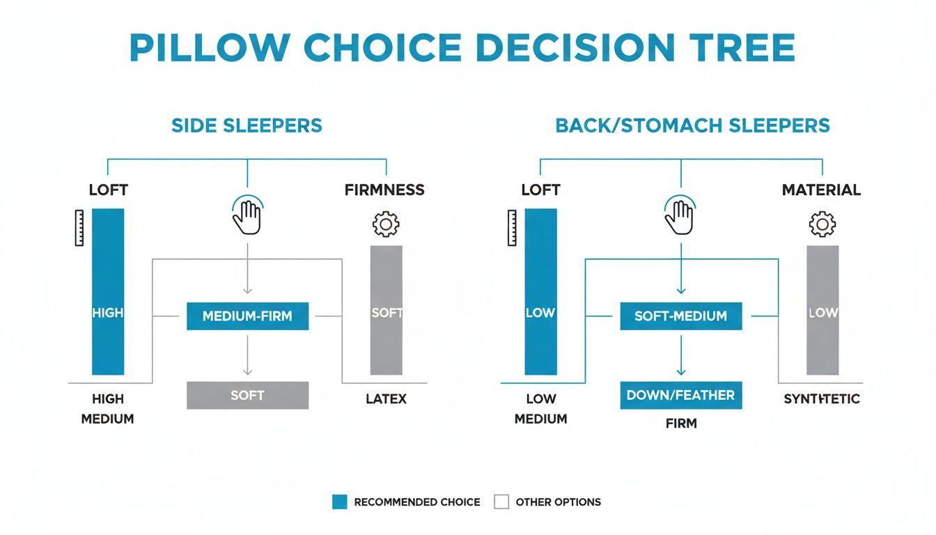 Decision tree for choosing the best pillow based on sleeping position, loft, firmness, and material.