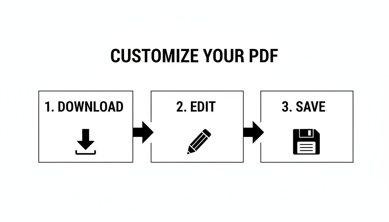 A three-step process workflow: 1. Download, 2. Edit, and 3. Save, for customizing a PDF.