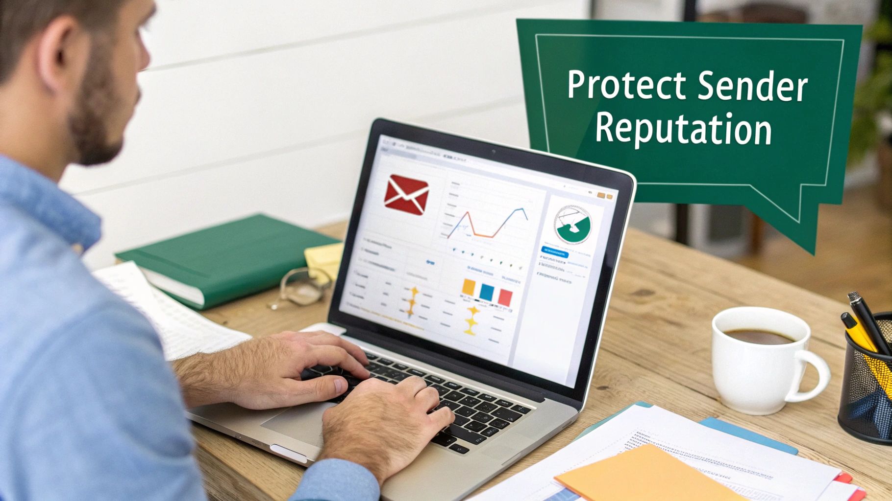 Man working on laptop with email analytics dashboard, showing 'Protect Sender Reputation' text.