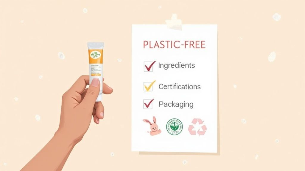 A hand holding a plastic-free lip balm, with natural ingredients in the background.