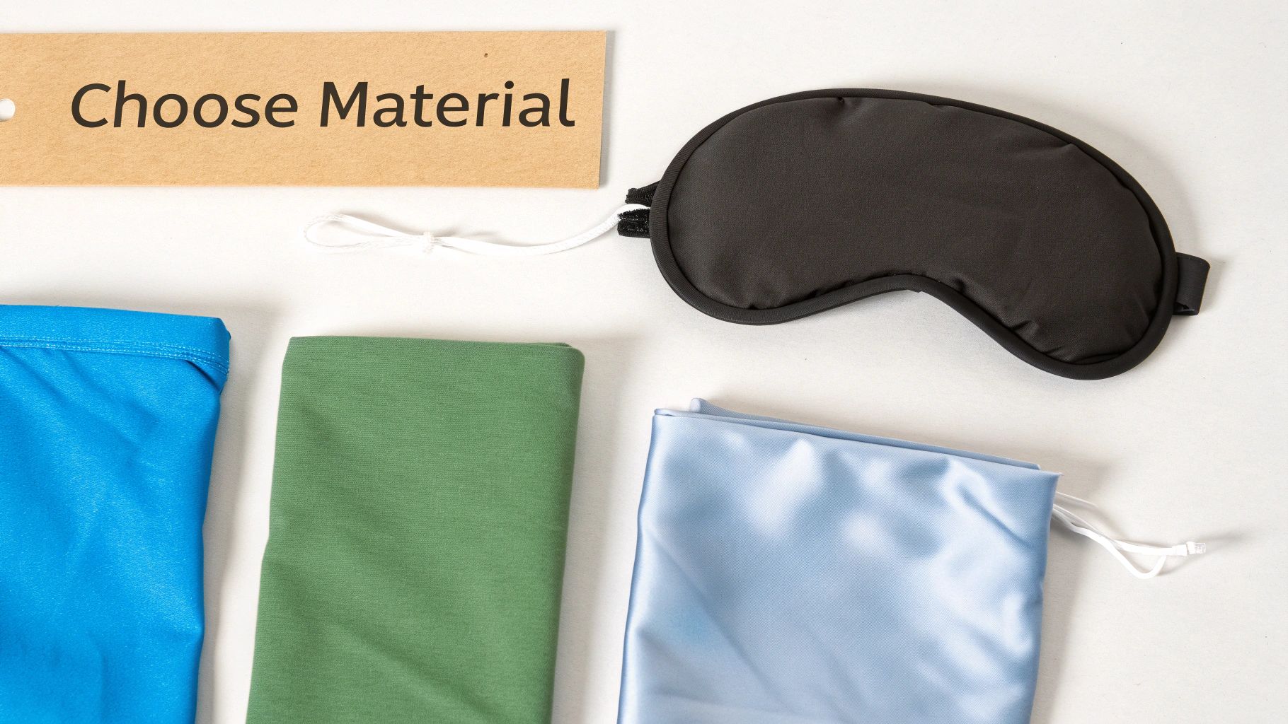 A 'Choose Material' tag, a black sleep mask, and fabric swatches in blue, green, and light blue.