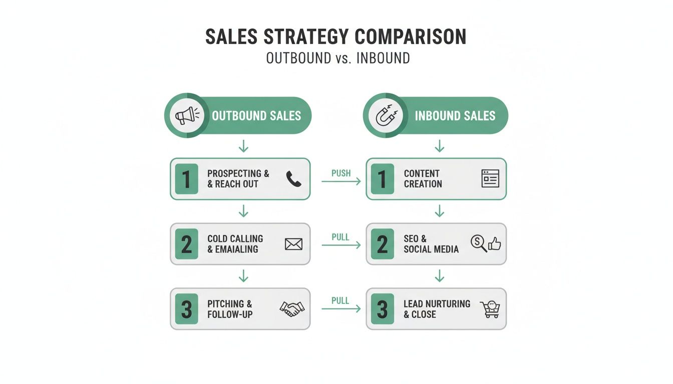 An infographic comparing outbound versus inbound sales strategies with their distinct steps and methods.