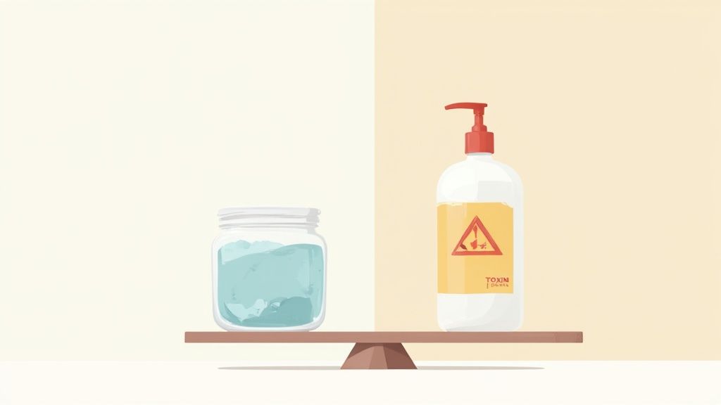 A balance scale with a jar of clean liquid on one side and a pump bottle labeled 'TOXIN' on the other.