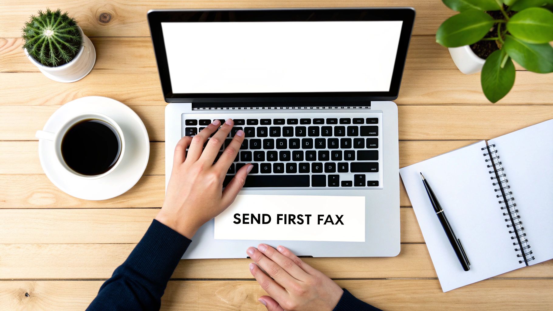 Hands on a laptop keyboard with a 'SEND FIRST FAX' note, coffee, notebook, and plants on a wooden desk.